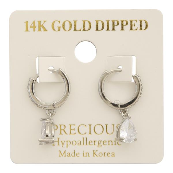 14K GOLD DIPPED TEAR CRYSTAL DANGLE SMALL HOOP EARRING
