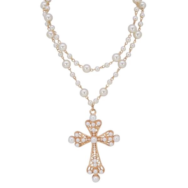 PEARL RHINESTONE CROSS PENDANT LAYERED NECKLACE