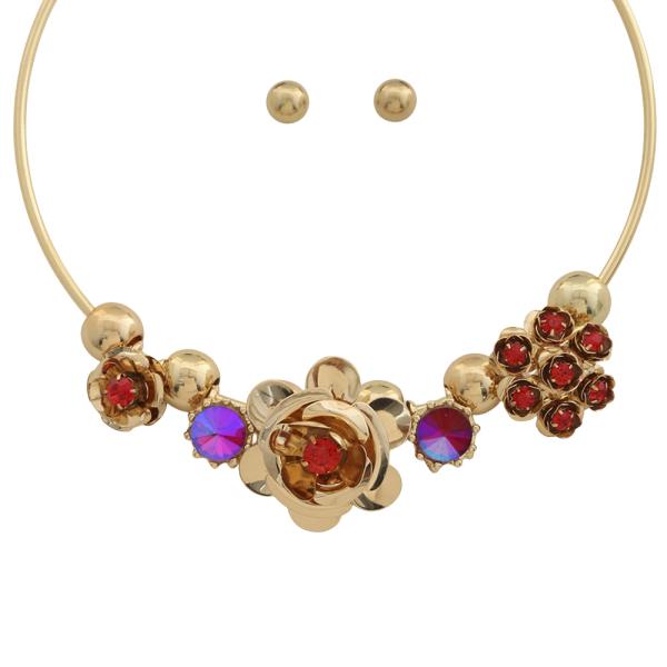 MIXED METAL FLORAL SPARKLING CRYSTAL STATEMENT CHOKER NECKLACE EARRING SET