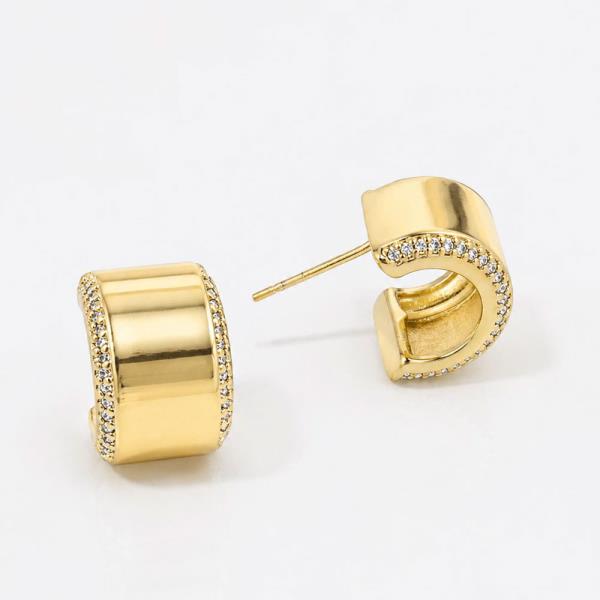 14K GOLD WHITE GOLD DIPPED CHUNKY PAVE EDGE HUGGIES