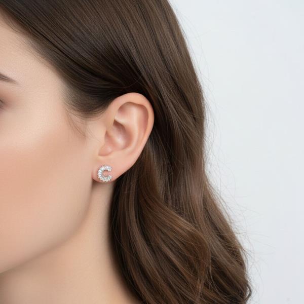 14K GOLD WHITE GOLD DIPPED BAGUETTE CZ CRESCENT STUDS