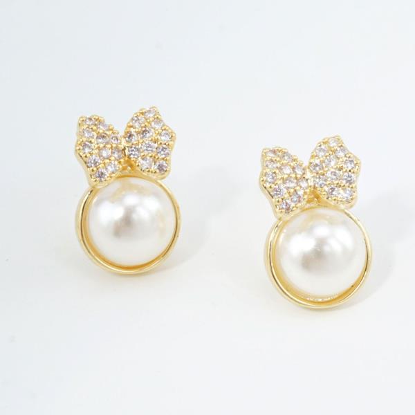 14K GOLD WHITE GOLD DIPPED CZ BOW PEARL STUDS