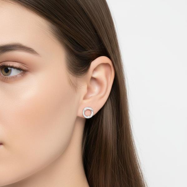 14K GOLD WHITE GOLD DIPPED CA HALO CIRCLE STUD EARRING