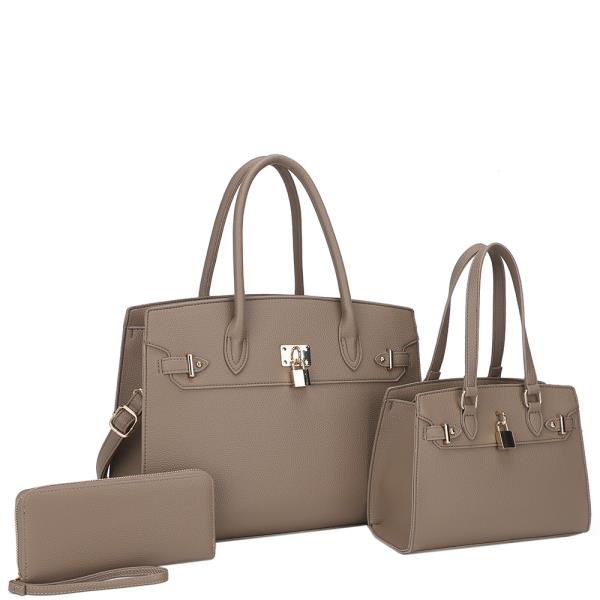 3IN1 KEYLOCK DESIGN SATCHEL W MATCHING BAG AND WALLET SET