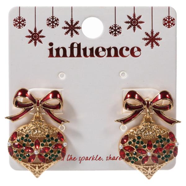 CHRISTMAS  ORNAMENT SHAPED METAL W/ STONE DETAILS DROP EARRING