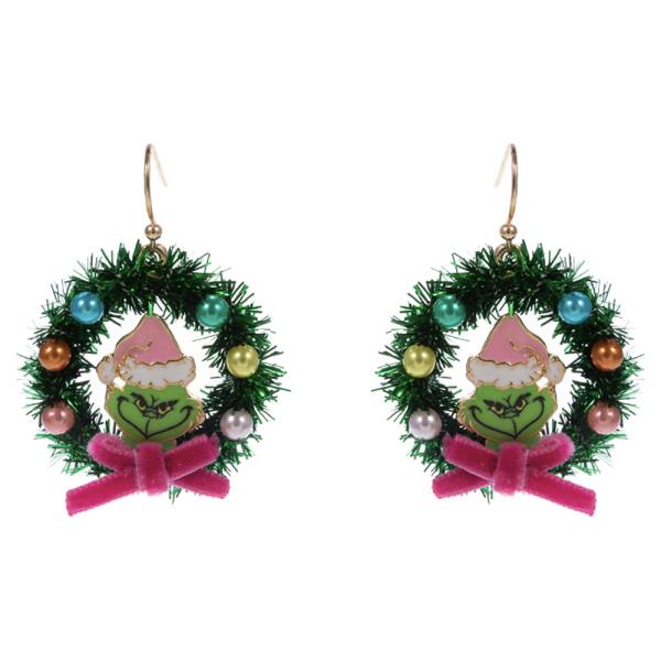 CHRISMAS WREATH W/ GRINCH DROP EARRING