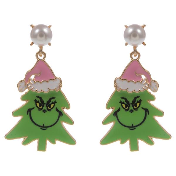 CHRISTMAS TREE SHAPED ENAMELED GREEN MONSTER EARRING