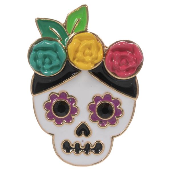 HALLOWEEN SKULL SHAPED ENAMEL W/ FLOWER SINGLE BROOCH