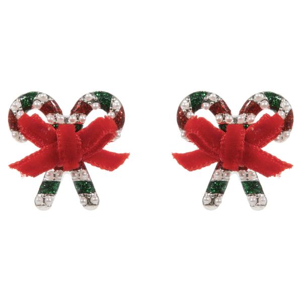 CANDY CANE SHAPED ENAMEL W/ RIBBON AND PEARLS EARRING