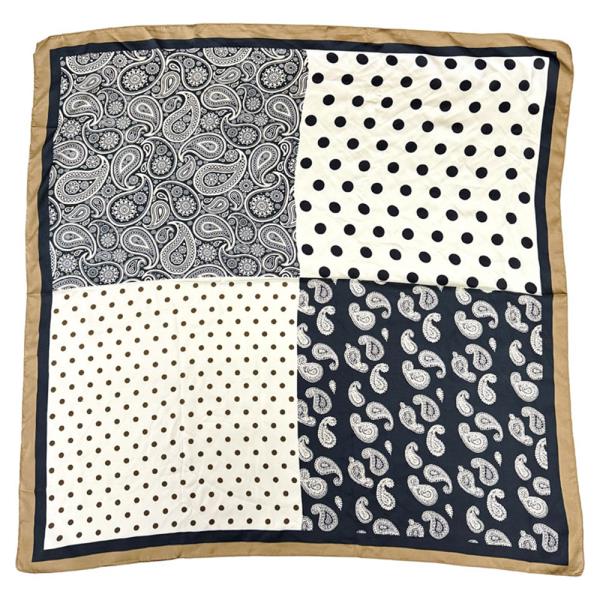 BORDERED PAISLEY DOT QUAD PRINT SILKY BANDANA SQUARE NECK SCARF