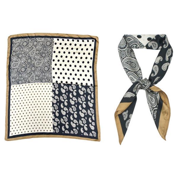 BORDERED PAISLEY DOT QUAD PRINT SILKY BANDANA SQUARE NECK SCARF