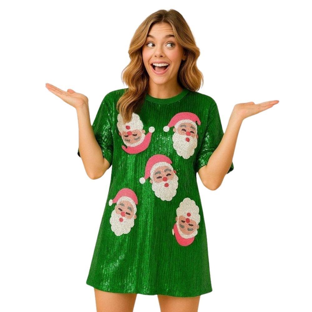 CHRISTMAS SANTA FACE SEQUIN SHORT SLEEVE DRESS | fashionbella.com